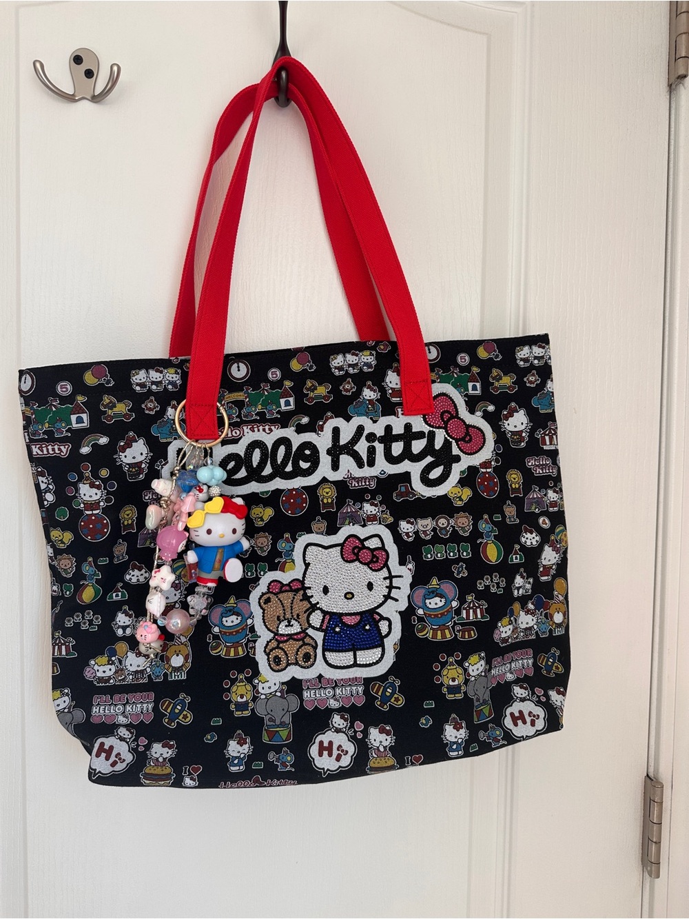 Kawaii Kitty Large Rhinestone Tote + Handmade Charm